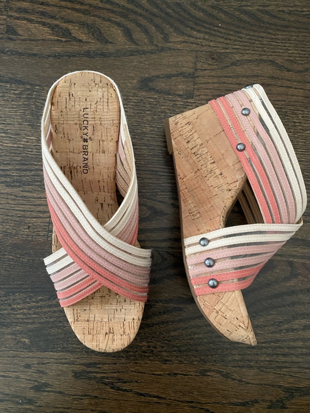 Lucky Brand Coral and Cream Cork Wedge Slide Sandals